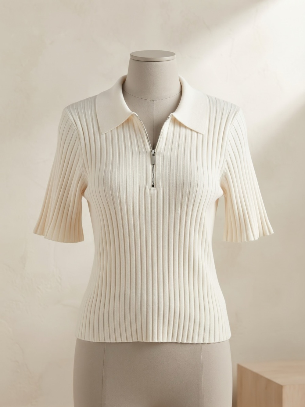 a new day Ivory Ribbed Zip Polo Tee